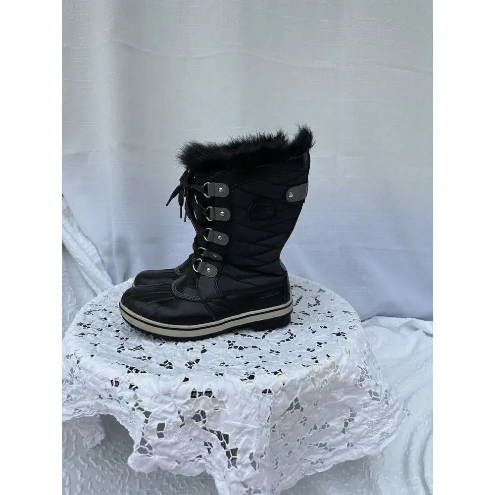 Sorel Tofino II Black Size 5 Waterproof Boots Faux Fur Lace Up Mid Calf